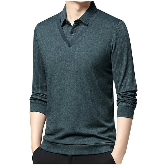 USNSM Fashion Striped Fake 2-Piece Shirt Men's 1/4 Button Up V Neck Pullover,Casual Long-Sleeved Solid Business Turndown Collar Tops Green XL