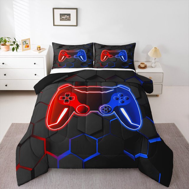 Manfei Teens Gaming Boy Bedding Comforter Set, Gamer Gamepad Twin Comforter Sets, Neon Red Blue Hexagon Bedding Set, Ultra Soft Room Decor Reversible 2pcs