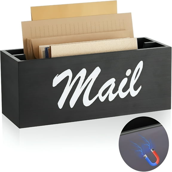 LAMIRO Magnetic Mail Organizer for Fridge File Holder with 2 Slots Magnetic Mail Box for Wall Desk Countertop Basket Letter Holder for Home(Black)