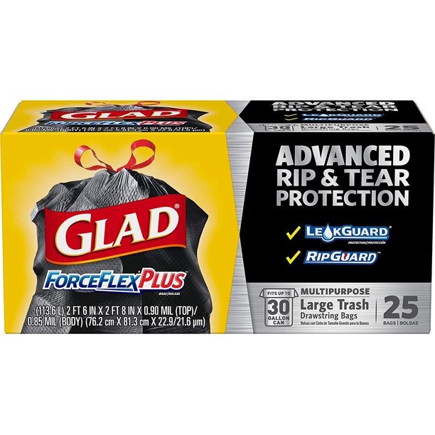 Glad Large Drawstring Trash Bags ForceFlexPlus 30 Gallon Black Trash Bag 25 Count Walmart
