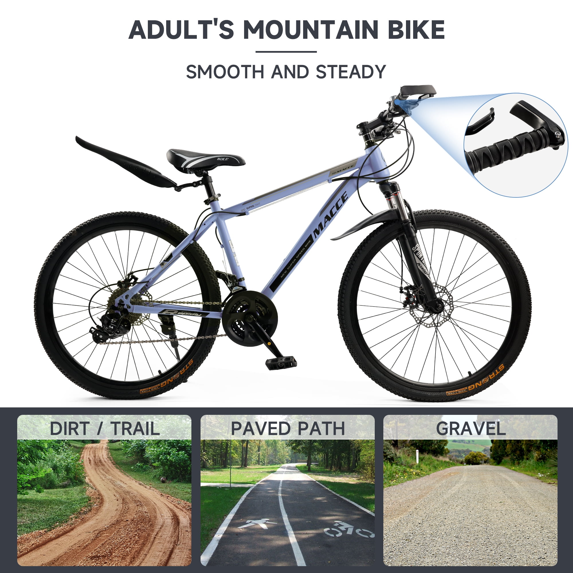 26 Inch Mountain Bike for Adult, 27-Speed Front Suspension High-Carbon Steel MTB Bicycle, Dual Disc Brake Bikes for Men Women, Silver, Blue, Gray and Red