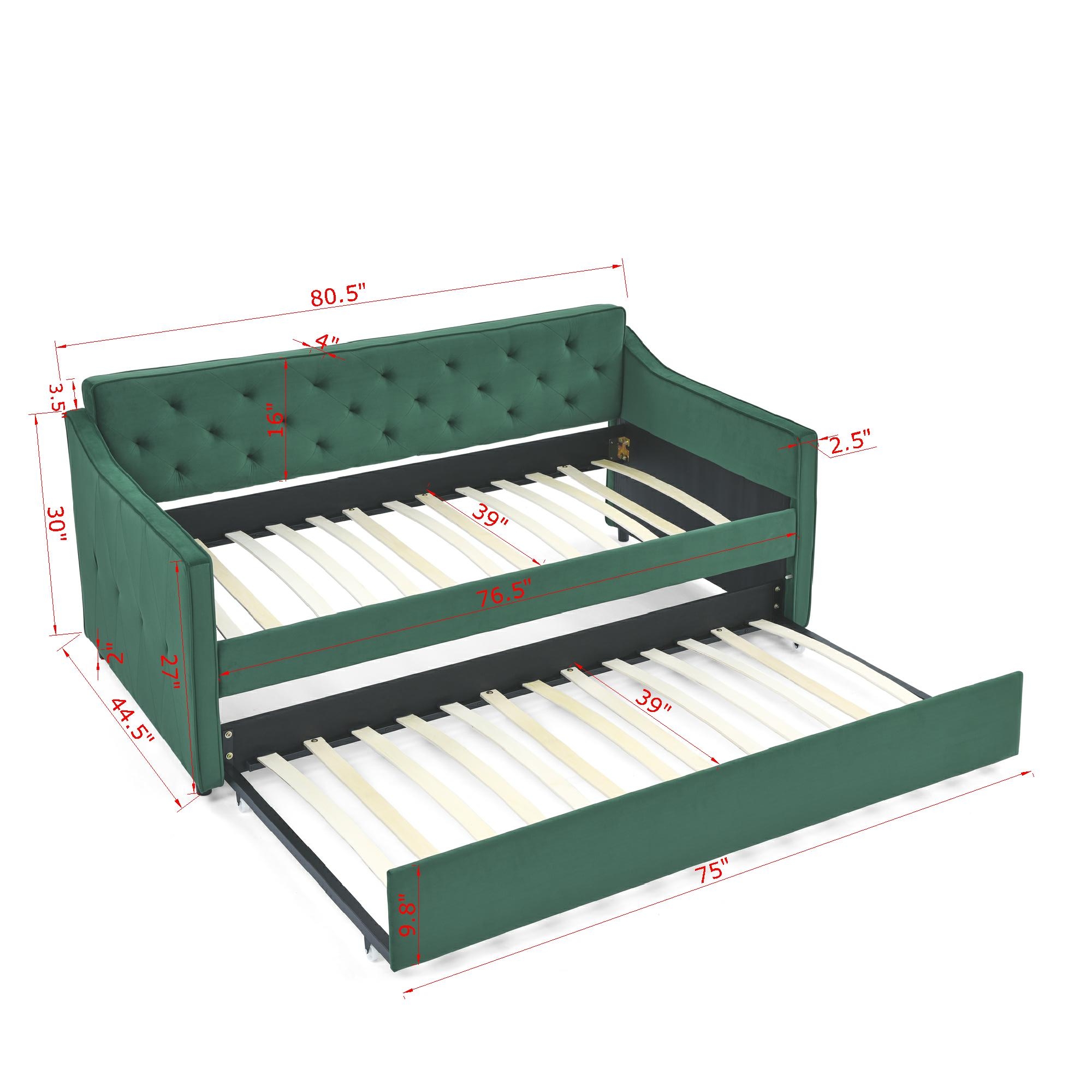 Aukfa Twin Daybed with Trundle, Upholstered Daybed with Tufted Back - Green