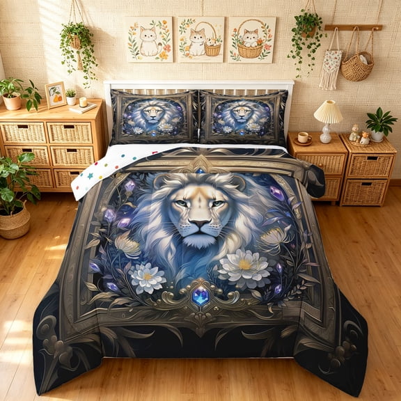 Manfei Woodland Lion Full Size Comforter Sets, Vintage Boho Western Bedding Comforter Set, Blue Brown, Polkadot Reversible, 3-Piece, 1 Comforter and 2 Pillowcases
