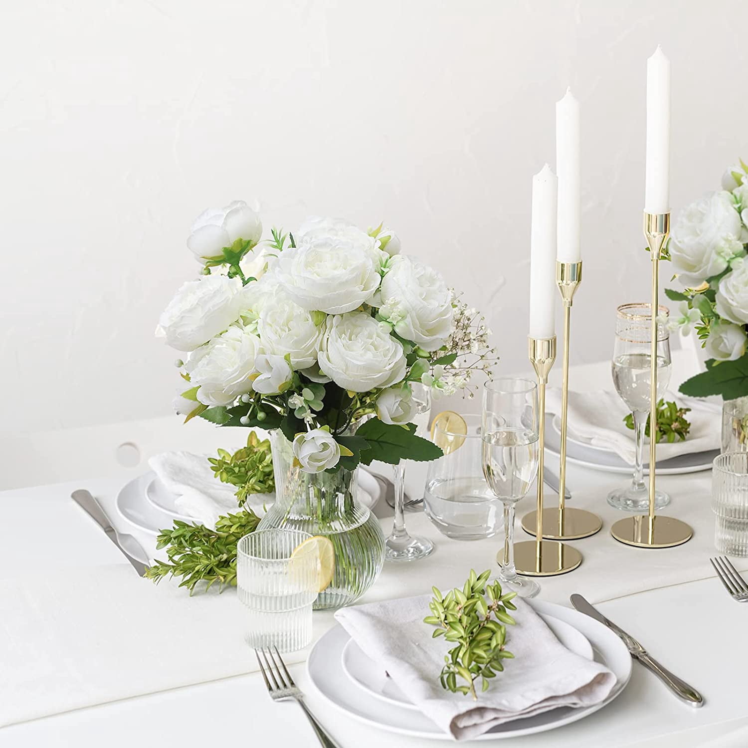 White Artificial Flowers Fake Flowers Bulk, 6 Bundles, Faux White Silk Peonies Bouquet for Farmhouse Home Vase Boho Wedding Table Centerpiece Decoration