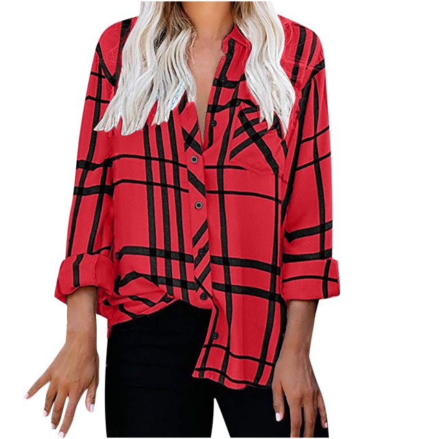 IROINID Reduced Womens Plus Size Tops Lounge Lapel Top Loose Buttoned Long Sleeve Plaid Print Blouse,Red