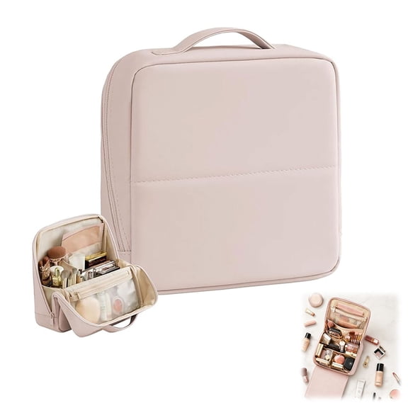 Travel Makeup Bag with Magnetic Fold-Down Flap, Waterproof Leather Cosmetic and Toiletry Organizer for Women, Multi-Zone Standing Storage, Cream, X-Large