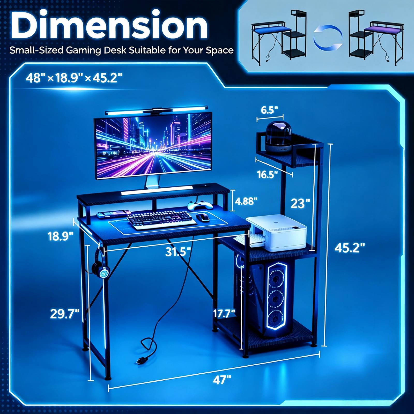 Astoutdoor Gaming Desk with Bookshelf and Printer Stand, 47 in, Black