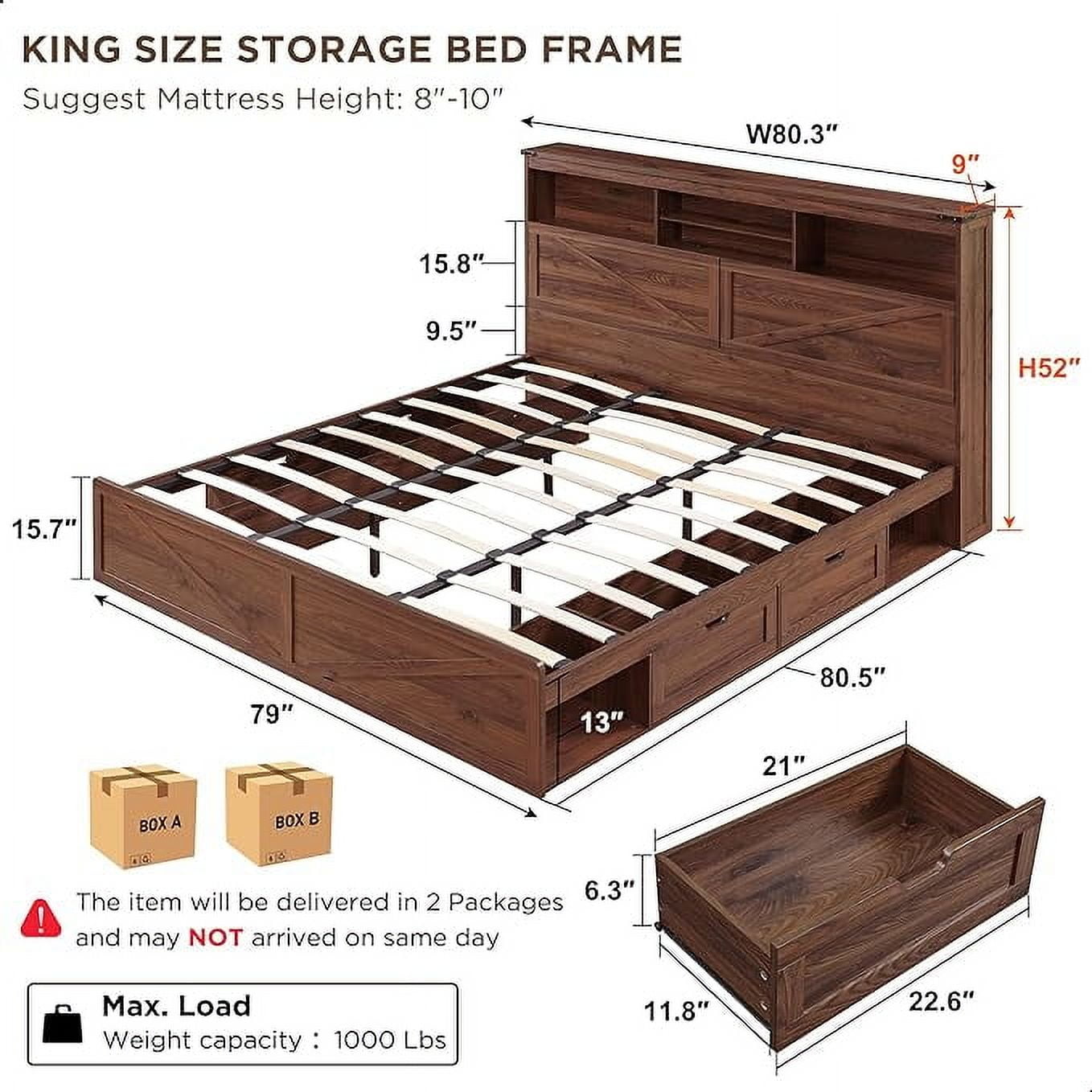 ACCOHOHO Farmhouse King Size Bed with 4 Drawers, Platform Storage Bed Frame with 52" Wooden Bookcase Headboard and LED Light，Brown