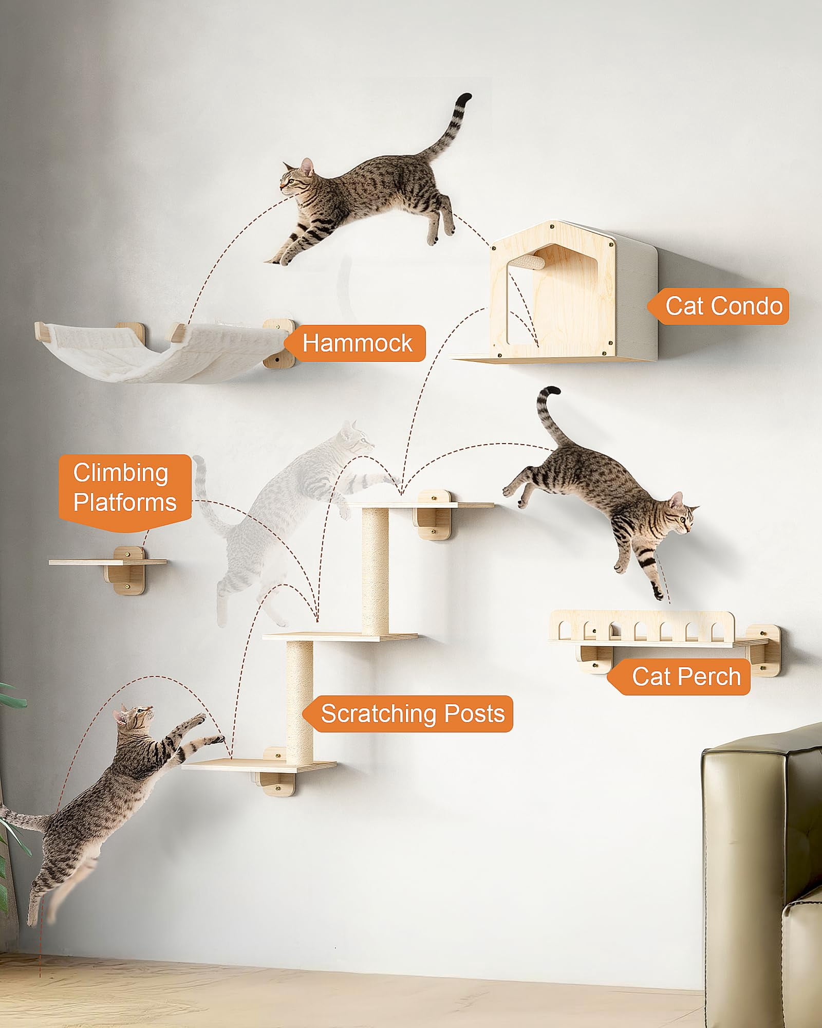Cat Wall Shelves 5-in-1 Furniture with Hammock and Wide Perch Wooden Climbing Set for Indoor Large Cats
