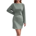 thumbnail image 2 of YHAJDS Women's Fall Winter Casual dress,Women's Dresses Long Sleeve Dress Solid Color Neck Slim Fitted Mini Party Club Mid Calf Length Elastic Waist Comfortable Dresses, 2 of 5