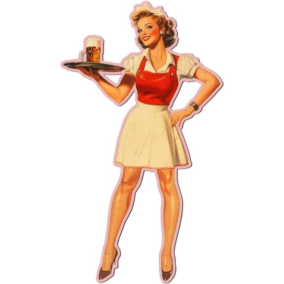 Vintage Beer Lady Metal Tin Sign Pin Up Lady Retro Tin Sign Hanging Decor for Bars Man Cave Restaurants Beer Funny Metal Wall Plaque Decoration for Home Decoration 8.66x14.96 Inch colorful