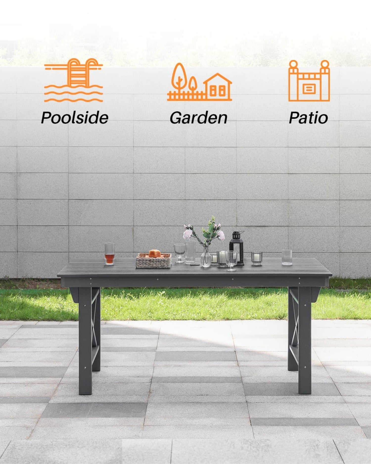 HDPE Outdoor Dining Table for 6, 66.9" Rectangular Patio Dining Table with 2.2" Umbrella Hole, All-Weather Outdoor Table for Backyard, Deck, Garden, Poolside, Smoke Gray