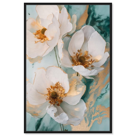 White Blooms with Golden Grace Canvas Pastel Floral Art by Art Remedy, Black Frame, 10" x 15"