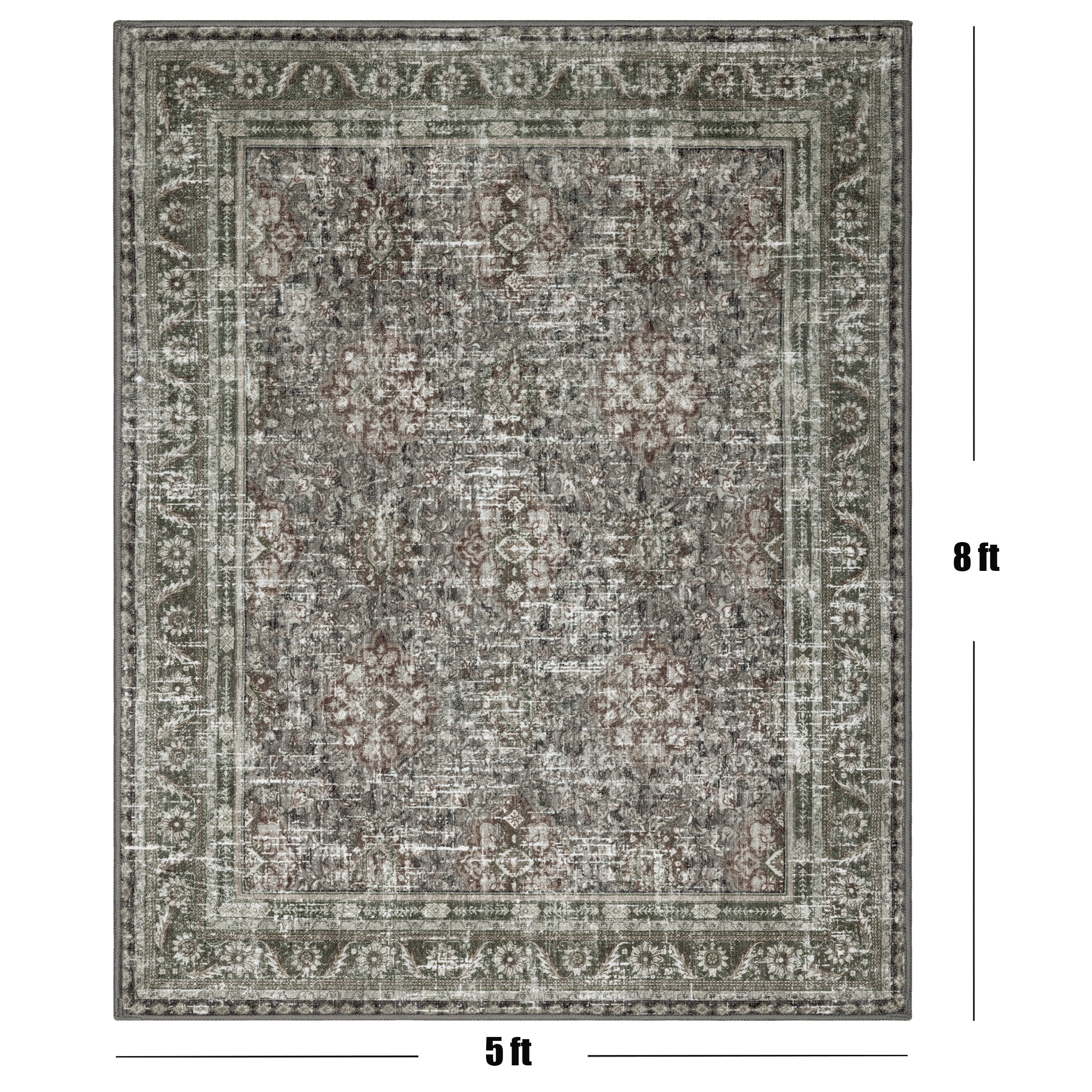 ARJINCUTE Distressed Vintage Traditional Farmhouse Gray Green Area Rugs 5'x8', Non-Slips Low Pile High Traffic Machine Washable