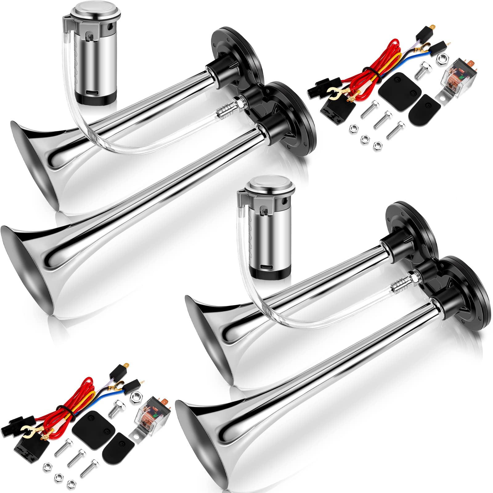 Tallew Pack 12V 150db Super Loud Air Horn Kit for Truck Boats Car with Air  Compressor and Wire Harness Electric Train Horn Chrome Zinc Dual Trumpet  Air Horns for Any 12V