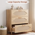 thumbnail image 1 of Spacious Storage Sideboard – 3-Drawer Modern Wooden Dresser with Rattan Fronts – Rustic Oak Finish Buffet Cabinet for Dining Room, Hallway, Bedroom – Easy Assembly – Wood Color, 1 of 7