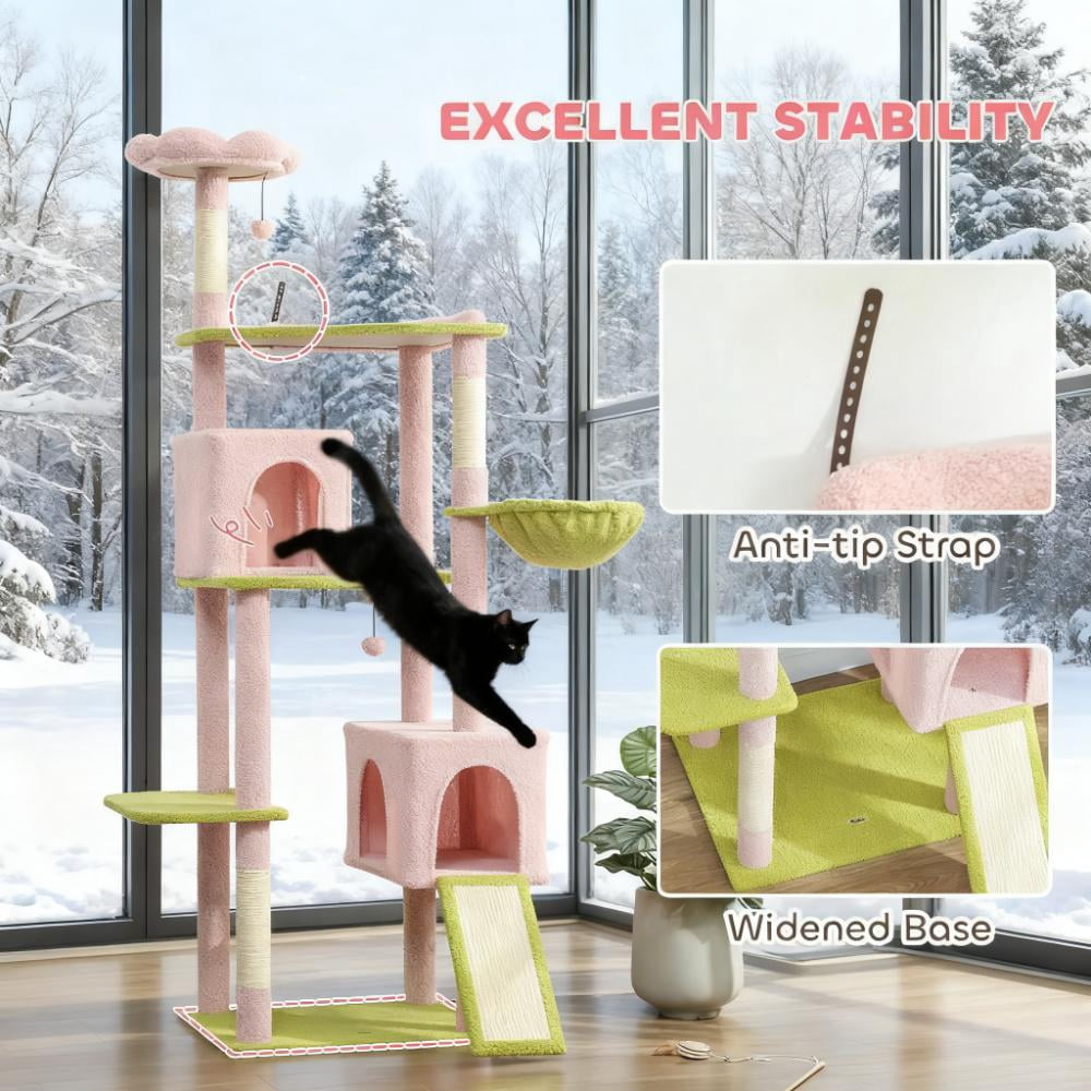 74" Flower Cat Tree, Large Cat Tower with Scratching Post & Board