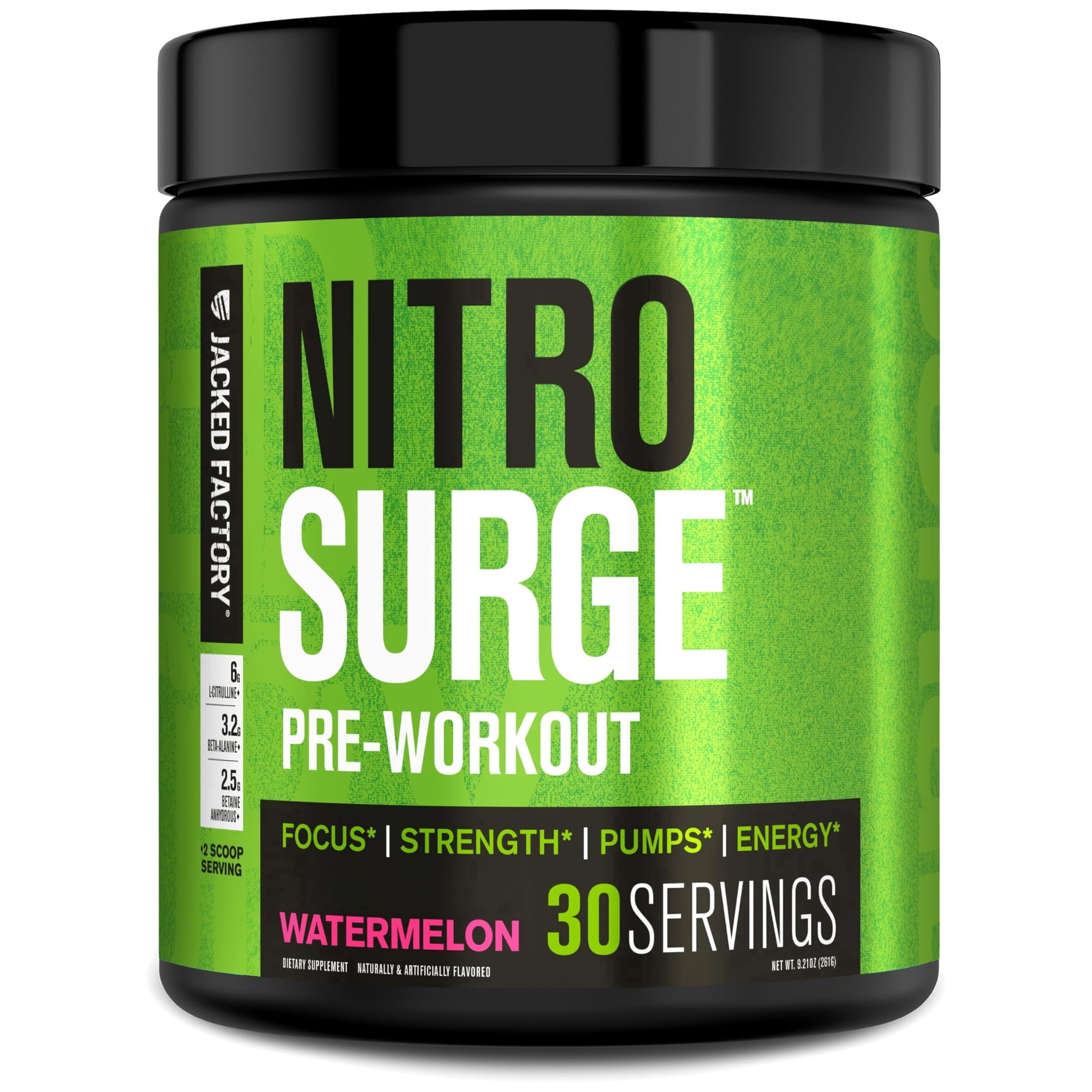 Jacked Factory NITROSURGE Pre Workout Supplement - Endless Energy, Instant Strength Gains, Clear Focus and Intense Pumps - NO Booster & Powerful Preworkout Energy Powder - 30 Servings, Watermelon