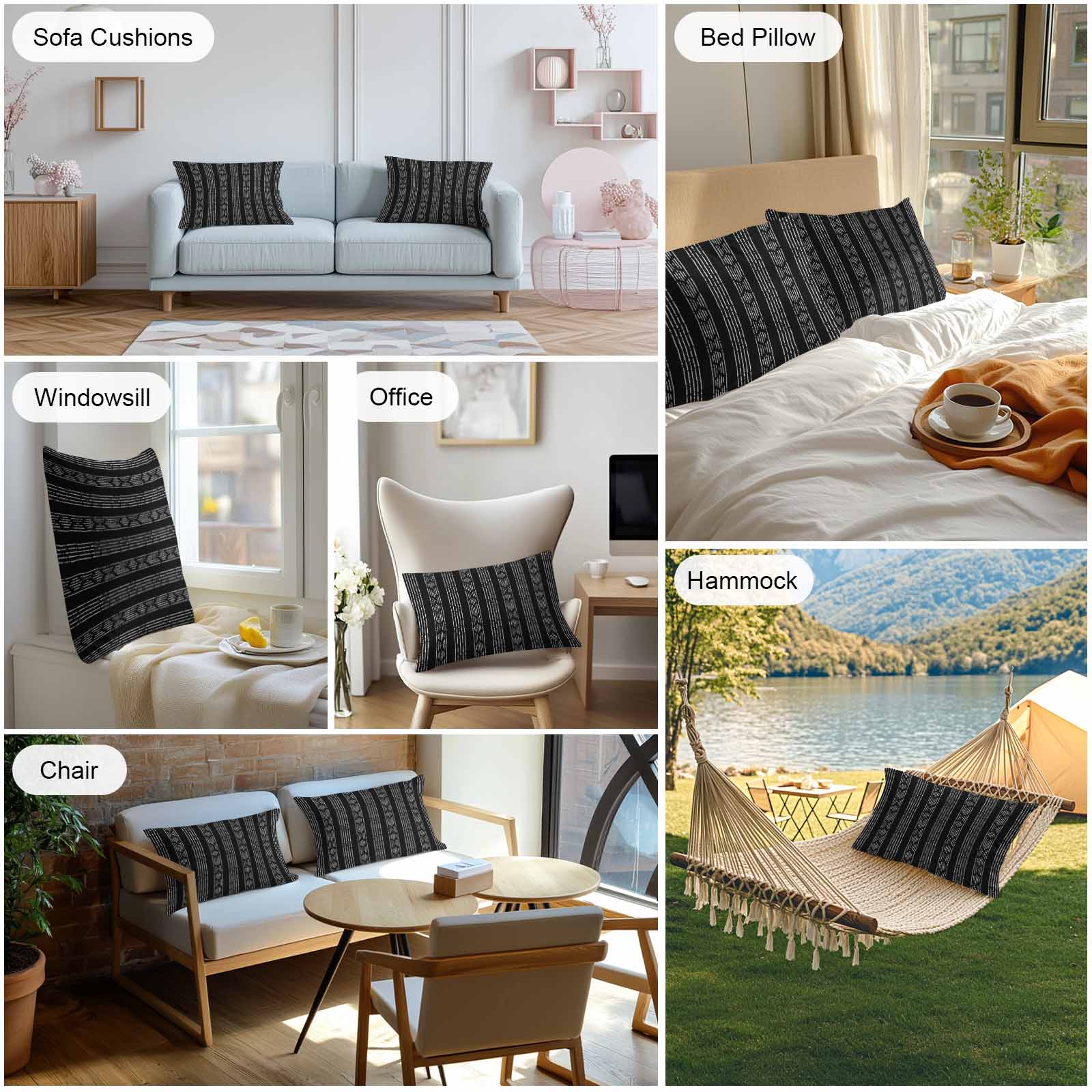 Outdoor Waterproof Throw Pillow Covers Set of 2 Black Boho Decorative Pillowcases Lumbar Outdoor Pillows Cushion Case 20x12 Inch Bohemian Style Stripes Patio Pillows for Couch Sofa Bed Garden