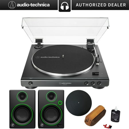 Belt Drive Analog Turntable Audio-Technica AT-LP60XUSB-BK Fully Automatic (Analog/USB) Belt-Drive Stereo Turntable +Audio Immersion Bundle w/Protective Turntable Platter, Vinyl Record Cleaning System & Mackie CR3 3