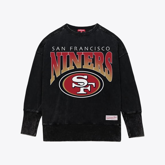 Women's Mitchell & Ness Black San Francisco 49ers Delineate Mineral Wash Crewneck Sweatshirt
