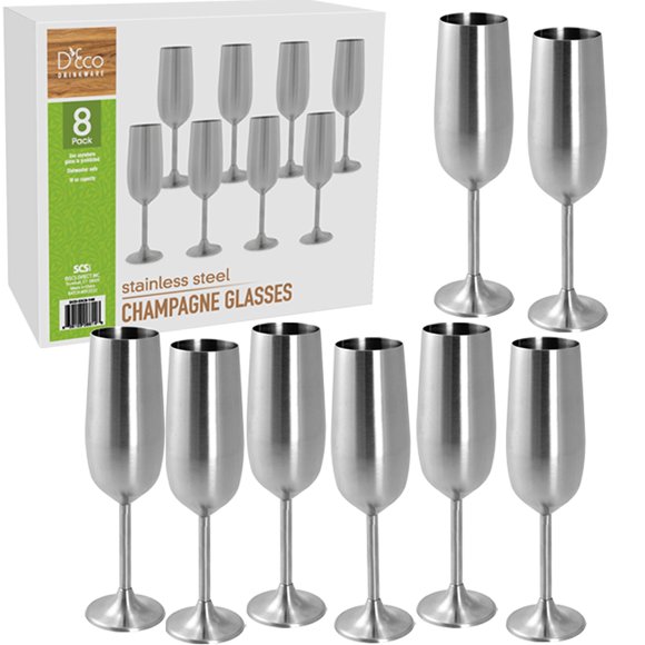 Unbreakable 8 Oz Stainless Steel Champagne Flutes (8 Pk)- Large Stemmed Matte Silver Champagne Glasses - Reusable Indoor Outdoor Drinkware - Keeps Dr