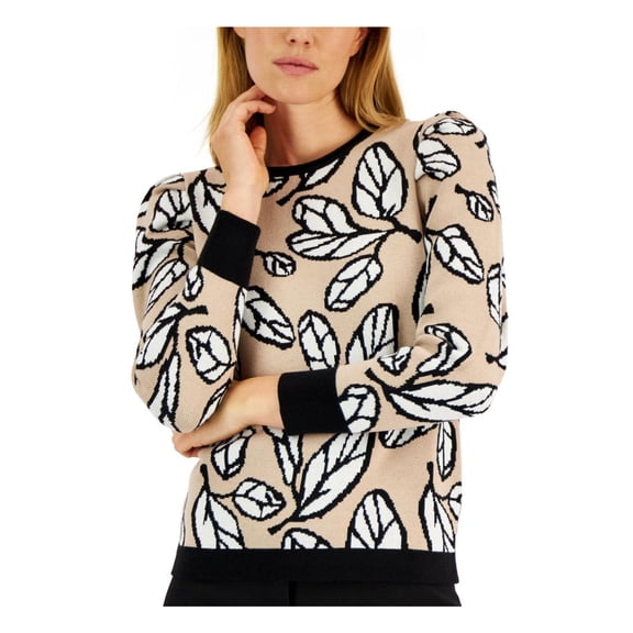 Anne Klein Womens Leaf Print Jacquard Crewneck Sweater