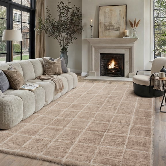 BERTHMEER 3'x5' Small Shag Area Rugs for Entryway Doormats Indoor Bathroom Office Modern Checkered Geometric Contemporary Plush Soft Fuzzy Fluffy Washable Carpets, Beige