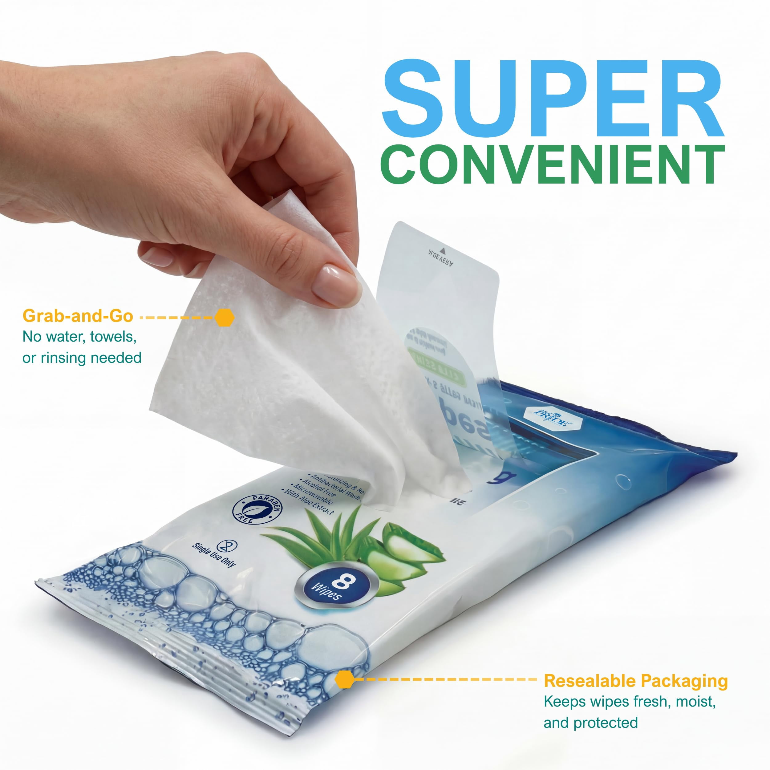 MEDPRIDE 8-Pc Rinse-Free XL Bath Wipes Shower Adult Wipes with Aloe Vera, 12-Pack