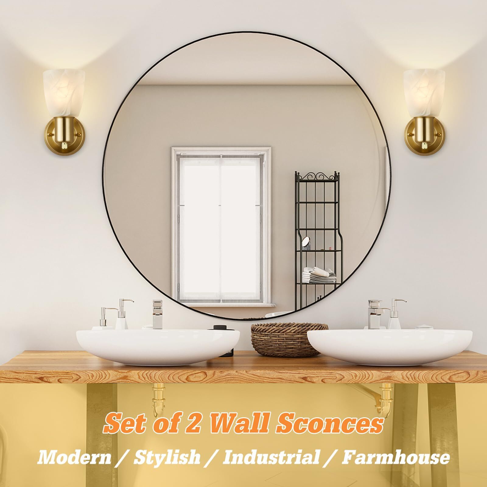 NATYSWAN Wall Light Set of 2, Modern Gold Vanity Lights for Bathroom, Wall Mount Sconces with Frosted Glass, Farmhouse Wall Lamp for Mirror Living Room