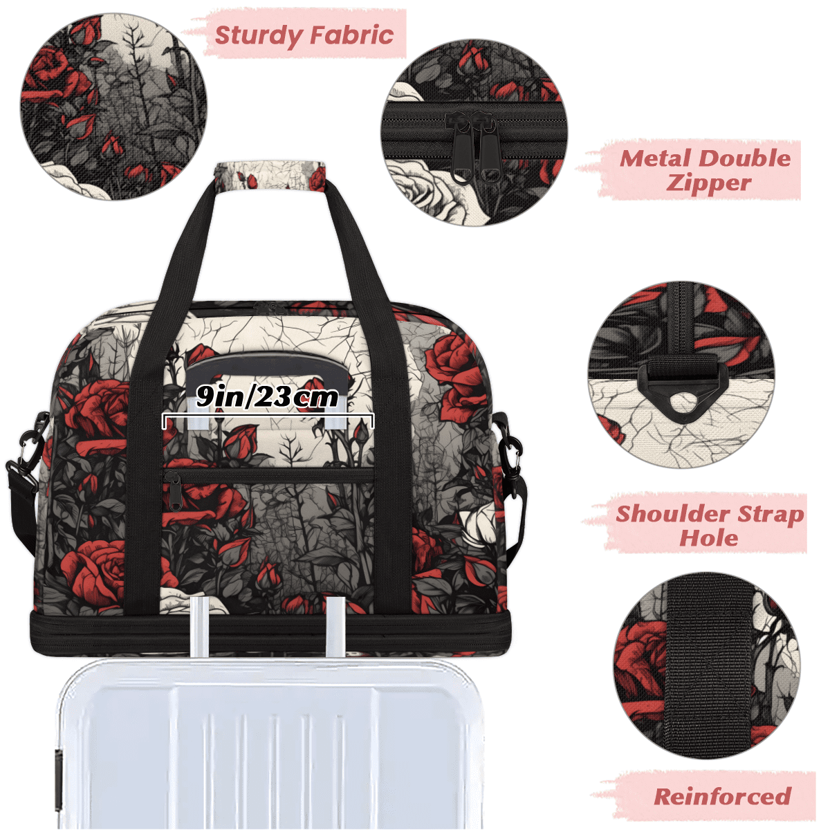 Herdesigns Rose Foldable Travel Duffle Bag for Women and Men Lightweight Carry On Overnight Bag Vintage Floral Flower Gym Luggage Weekender Bags with Shoe Compartment