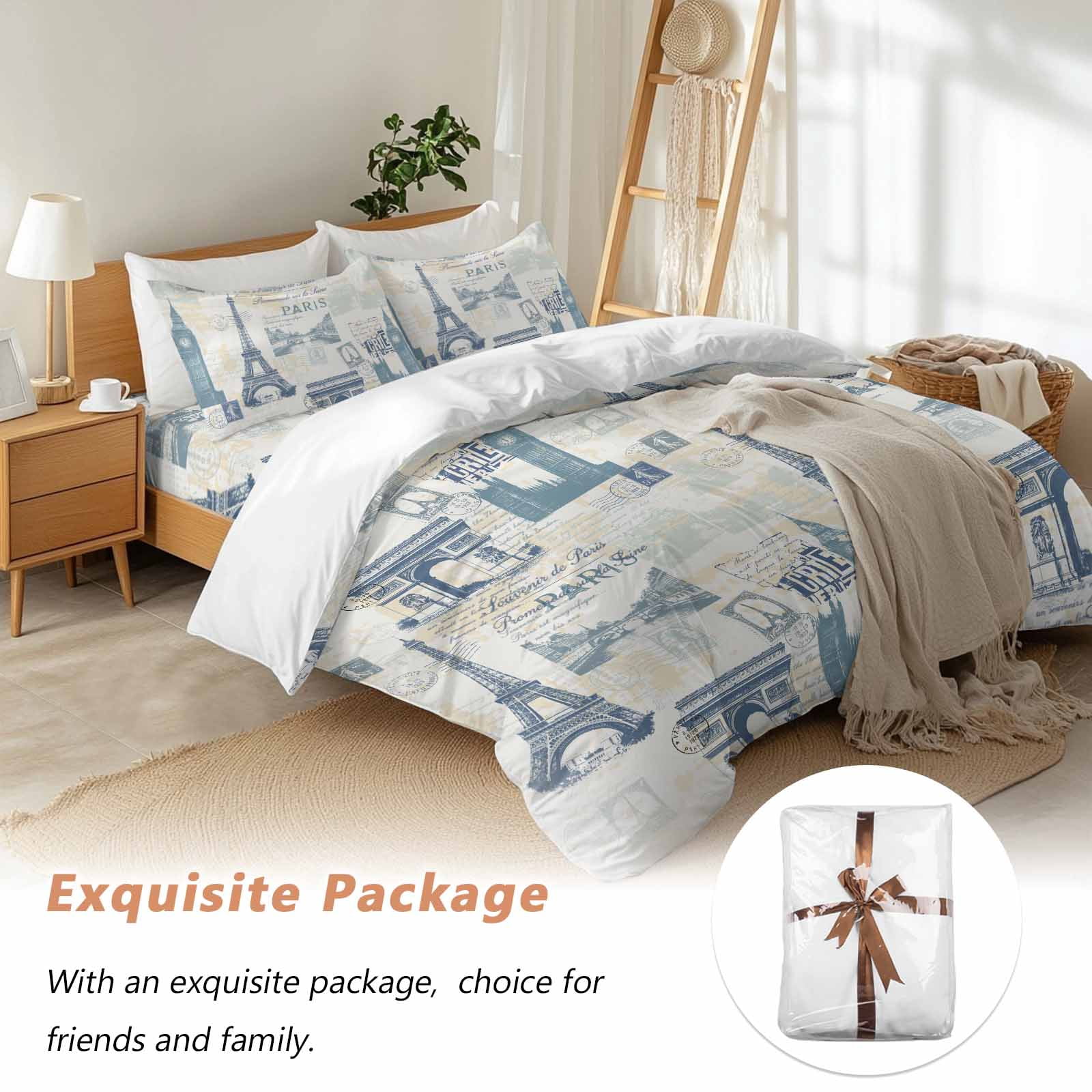 Vintage Art California King Duvet Cover Set, International Buildings Paris Towers Blue Grey 4 Piece Microfiber Bedding Set with Zipper Closure, Bed Sheet and 2 Pillow Shams, Soft Bedding Cover
