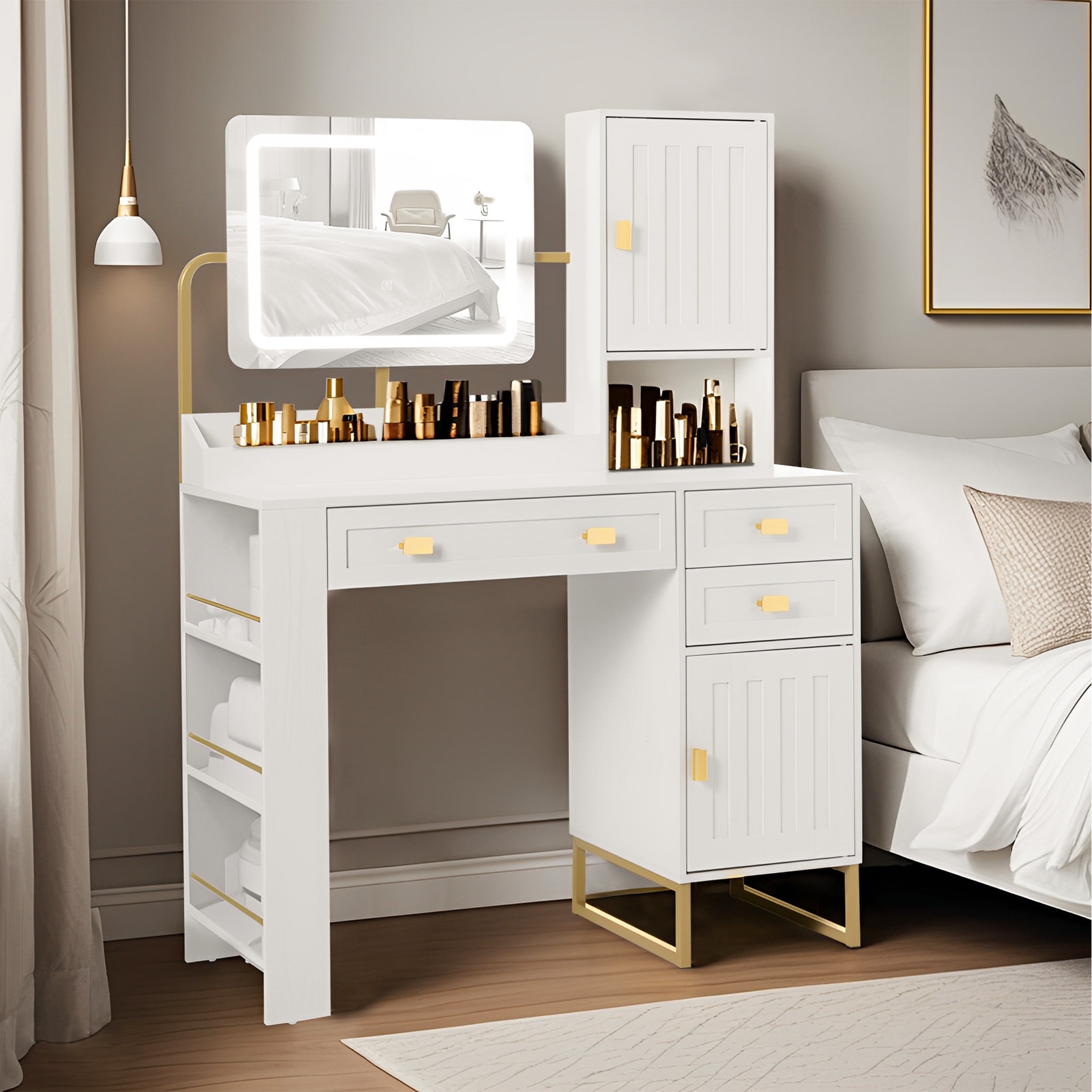Aukfa Vanity Desk with Mirror & Side Rack,Makeup LED Vanity Table for Bedroom,White