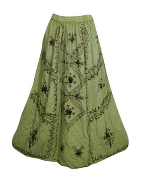 Mogul Green Classic Fun A-Line Skirts Floral Embroidered Summer Style Boho Chic Gypsy Ethnic Long Skirts