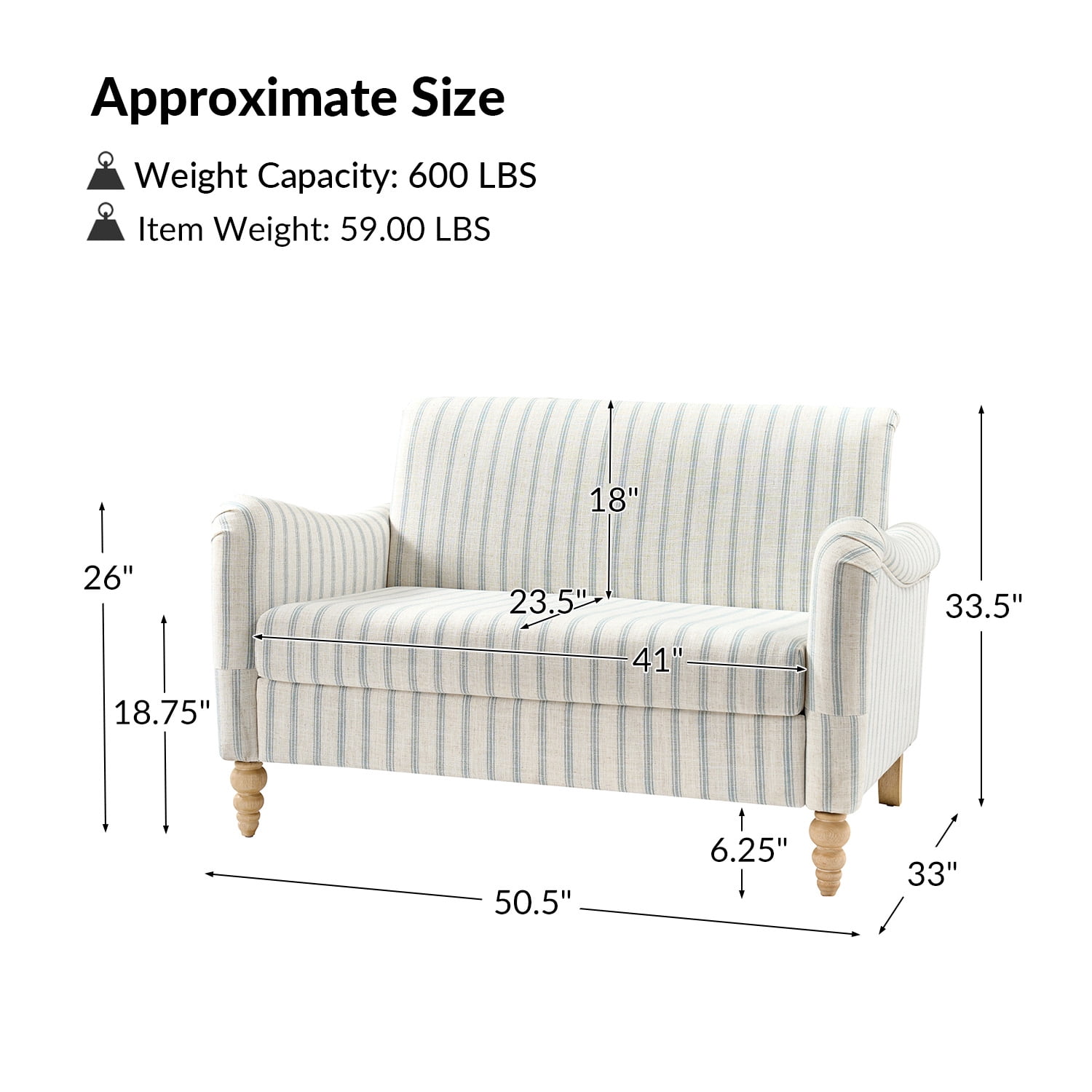 Tina's Home 50" Farmhouse Loveseat Sofa, Stripe Blue Upholstered Couch with Wide Seat, Sloped Arms and Solid Wood Bobbin Legs