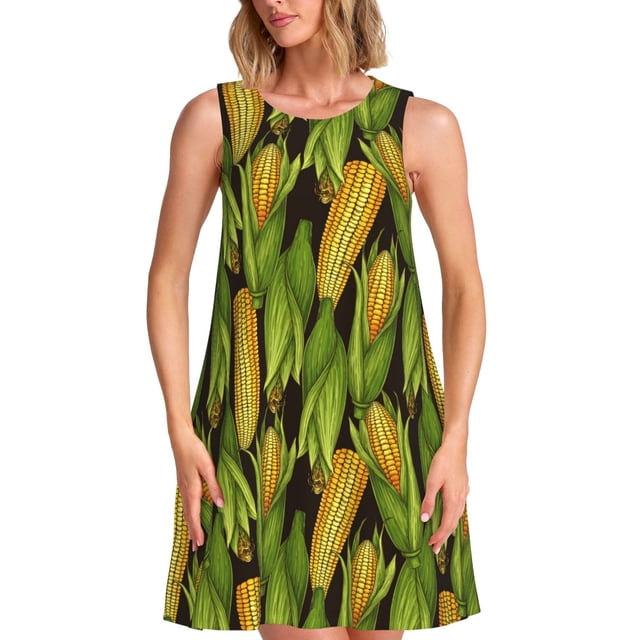 Balery Corn 2 Vestidos de verano para mujer con estampado: vestido holgado sin mangas, vestido playero informal y cómodo para días calurosos.