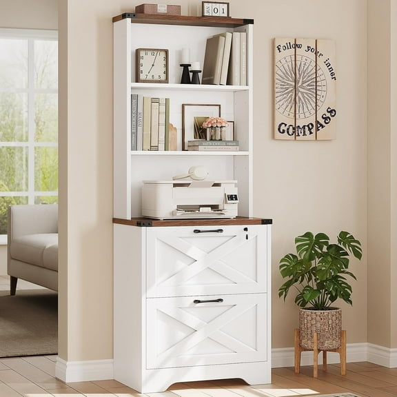 2 Drawer File Cabinet with Lock, Wood Filing Cabinet fits Letter, Legal, A4 Size, Hanging File Folders, Farmhouse File Cabinets for Home Office with Adjustable Storage Shelf, White