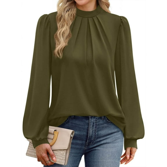 Tops for Women Long Sleeve Pleated Round Neck Stand Collar Shirt Tee Top,Women's Long Sleeve Tops Army Green XL
