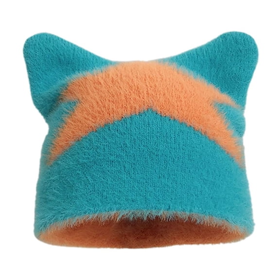 Cute Cat Ear Knit Beanie for Women and Men Star Pattern Sweet Stylish Winter Hat Warm Hand Crocheted Skull Cap for Adults