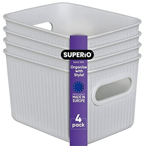Superio Small Ribbed Plastic Storage Basket Organizer (4 Pack), 1.5 Liter Mini Closet Storage bin for Home, Shelf, Pantry, and Cosmetics – White Smoke