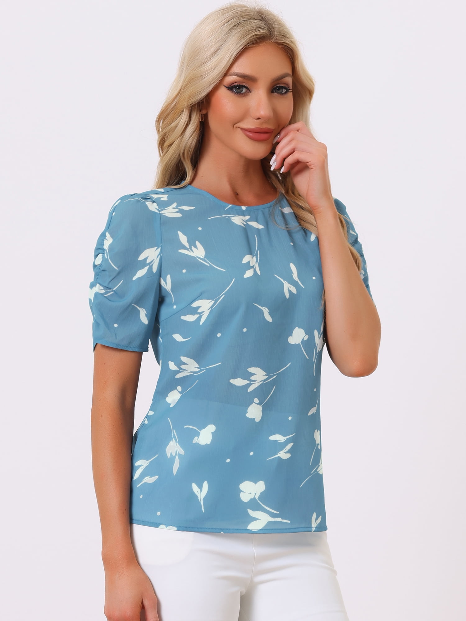 DARING DIVA Floral Crew Neck Shirred Short Sleeve Casual Top XL Blue Floral