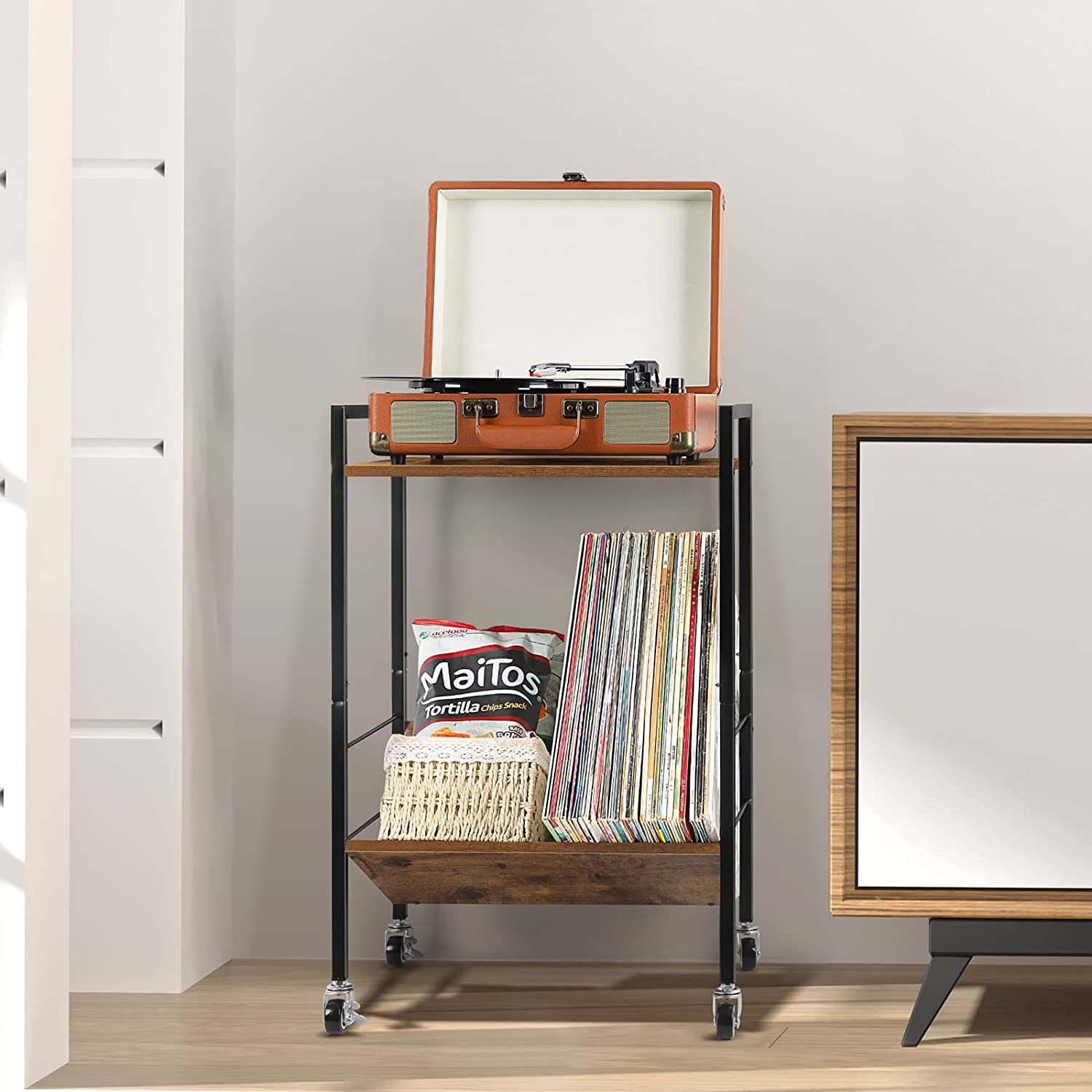 2 Tier Record Player Stand End Table with Vinyl Storage Shelf, Brown