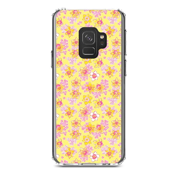DistinctInk Clear Shockproof Hybrid Case for Samsung Galaxy S9 (5.8" Screen) - TPU Bumper, Acrylic Back, Tempered Glass Screen Protector - Preppy Pattern - Pink Yellow White Flowers Floral