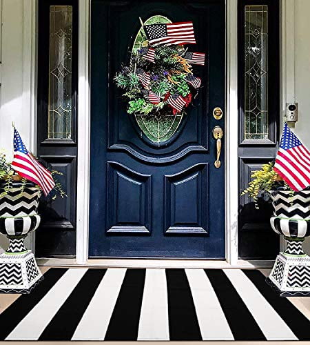 27.5x43 Black and White Striped Outdoor Rug Front Porch Rug 27.5x43 Front Door Mat Cotton Hand-Woven Reversible Mats for Outdoor,Entryway,Laundry Room,Farmhouse,Kitchen 