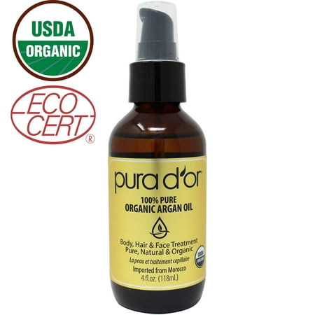 PURA D'OR (4 oz) Organic Moroccan Argan Oil 100% Pure Cold Pressed, USDA Certified Organic, All Natural Anti-Aging Moisturizer Treatment for Face, Hair, Skin & Nails, Men &