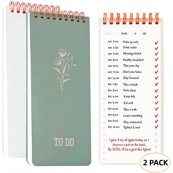 gleaminglife Easy To Do List Notepad 2-Pack, Daily Planner Notepad with Hourly Schedule, Long Narrow Checklist Pad for Work, Office, School
