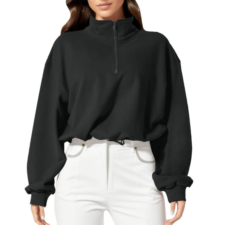 Lmtime Women s Half Zip Crop Sweatshirt Workout Crop Tops Hoodies Sweatshirts Hoodie High Neck Long Sleeve Clothes Black XXL Walmart