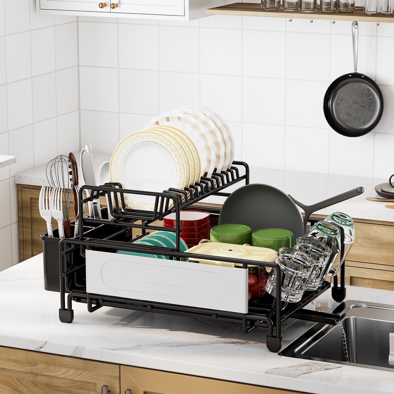 Large Dish Drying Rack for Kitchen Counter, Detachable Large Capacity Dish Drainer Organizer, 2-Tier Dish Racks with Utensil Holder, Black
