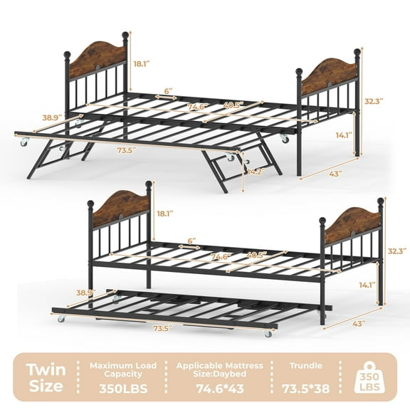 Twin Metal Daybed with Pop-Up Trundle, Heavy Duty Steel Slats Platform Bed with Stylish Headboard, Convertible Sofa Bed Frame for Living Room, Bedroom, or Guest Room