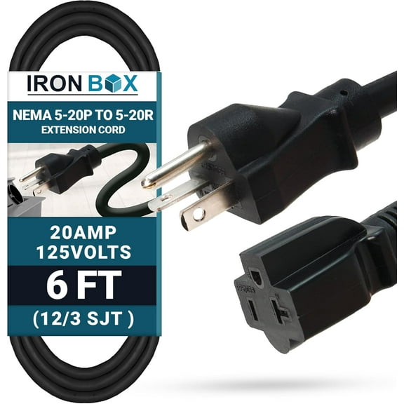 IronBox Electric NEMA 5-20P to 5-20R Extension Cord - 20A, 125V,12/3 SJT Jacket - Heavy Duty Outdoor Generator Cords & Plugs - UL Listed Extension Cable for Data Centers, Camper & More (6 ft,Molded)